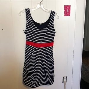 Navy and white stripped dress with red belt